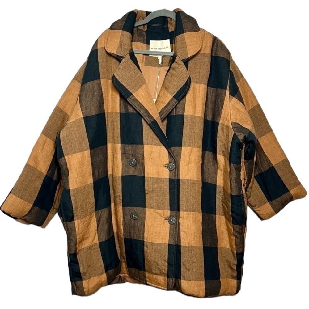 Mara Hoffman Brown Clem Plaid Linen Puffer Jacket Size 3X NEW Chic Trendy
